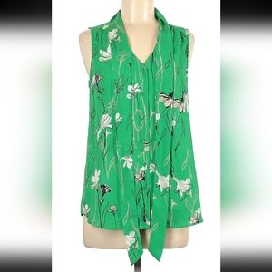 Rachel Zoe Emerald Green Unique Floral Sleeveless Tie Neck Button Up Blouse Sz L